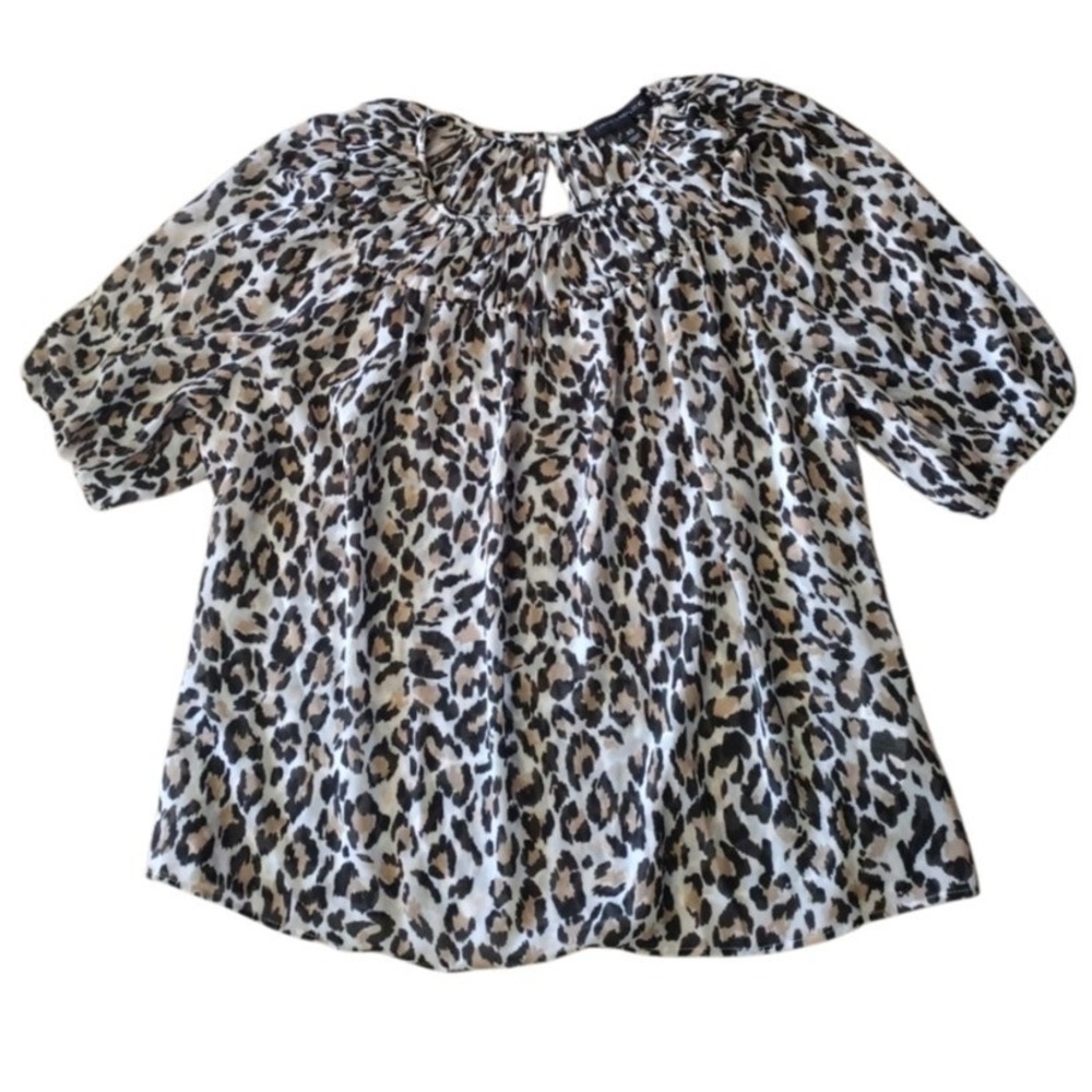 Banana Republic Blouse Women XS Brown Black Animal Print Chiffon Short Sleeves